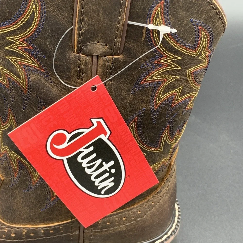 Justin Western‎ Boots Kids Brown Leather Cowboy J-Flex Comfort 3.5 D SK4681
